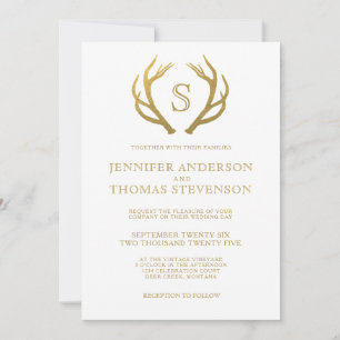 CHIC GOLD RUSTIC DEER WEDDING MONOGRAM KAART