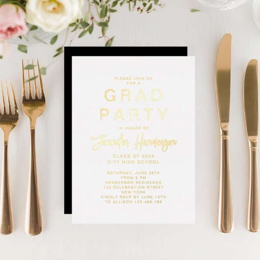 Chic Gold Script Afstudeerder Party Folie Uitnodig Folie Uitnodiging