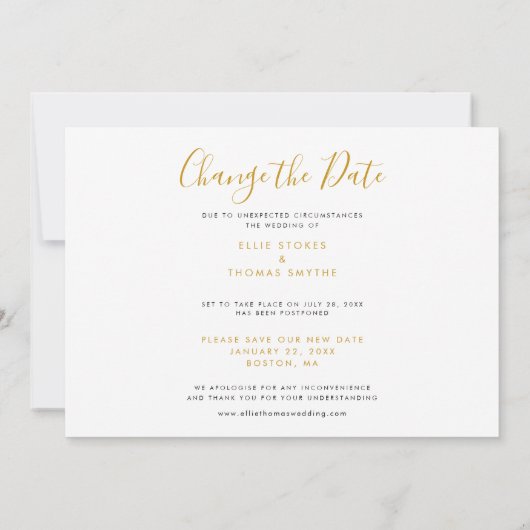 Chic Gold Script Datum verandering uitgesteld Save The Date (Achterkant)