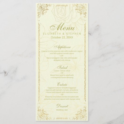 Chic Gold Script Elegant Floral Lijst Wedding Menu (Voorkant)