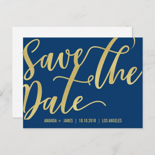 CHIC GOLD SCRIPT SAVE THE DATE AANKONDIGING BLAUW (Voorkant / Achterkant)