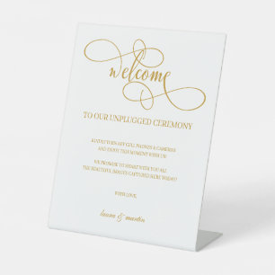 Chic Gold Script Unplugged Ceremony Reclamebord Met Voetstuk