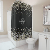 Chic Gold Silver Glitter Confetti Monogram Black Douchegordijn (In situ)
