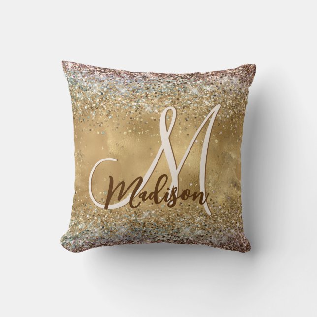 Chic Gold Silver iridescent glitter monogram Kussen (Voorkant)