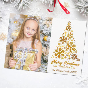 Chic Gold Snowflakes Kerstboom Familiefoto Feestdagenkaart