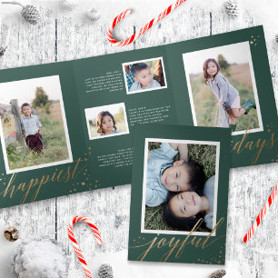 Chic Gold Stardust Tri-fold Green Christmas Photo