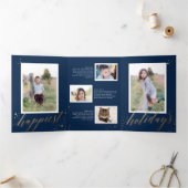 Chic Gold Stardust Tri-fold Navy Christmas Photo (Intérieur)