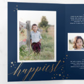 Chic Gold Stardust Tri-fold Navy Christmas Photo (Intérieur en premier)