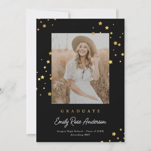 Chic Gold Stars Blk Photo Graduation Faire-part (Devant)