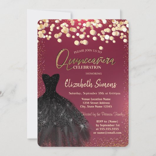 Chic Gold Stippen, Black Dress Burgundy Quinceañer Kaart (Voorkant)