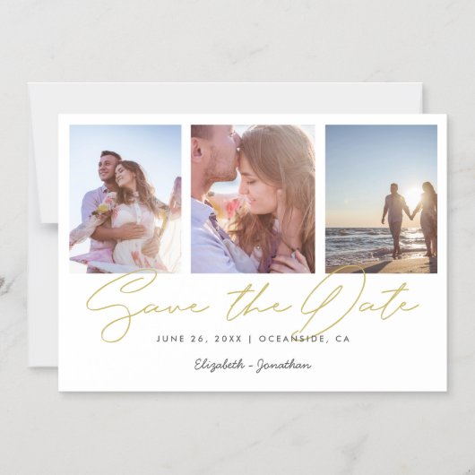 Chic Gold Three Photo Wedding Save the Date Magnet Magnetische Uitnodiging (Voorkant)