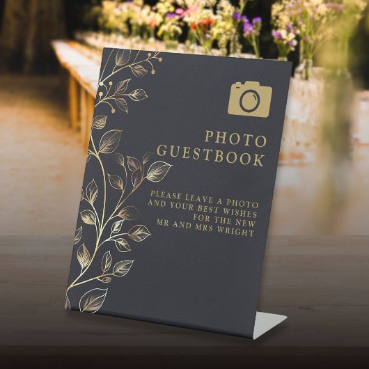 Chic Golden Floral Foto Gastenboek Trouwen Reclamebord Met Voetstuk