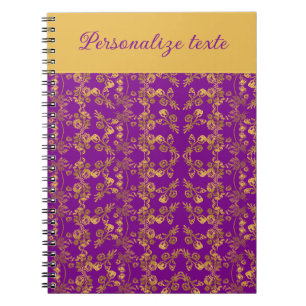 Chic Golden Flowers paars patroon gepersonalisee Notitieboek