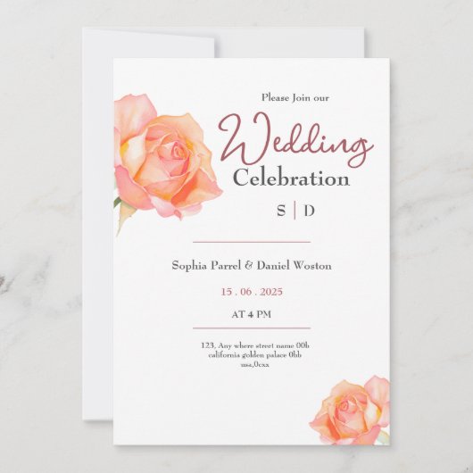 Chic golden peach blush roses wedding invitation (Devant)