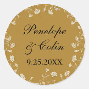 Chic Goud Bloemen Naam Datum Ronde Sticker
