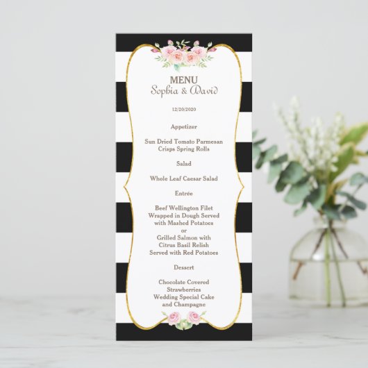Chic Goud Zwart Wit Strepen Bloemen Bruiloftsmenu Menu (Staand voorkant)