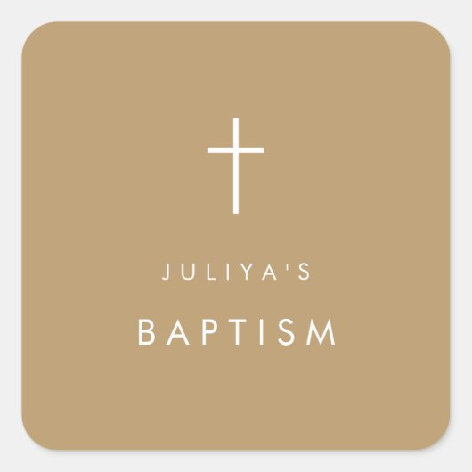 Chic Gouden Bruin Kruis Doop Vierkante Sticker (Voorkant)