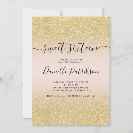 Chic gouden glitter schittert roze ombre zoet 16 kaart (Voorkant)