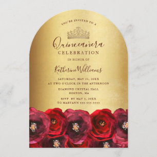 Chic Gouden Kroon Rode Roos Bloemrijke Quinceañera Kaart