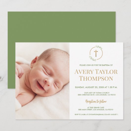 Chic Gouden Kruis Waterverf Custom Foto Doop Kaart (Voorkant / Achterkant)