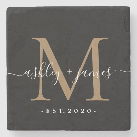 Chic Gouden Monogram Schrift Namen Trouwdatum Zwar Stenen Onderzetter (Voorkant)