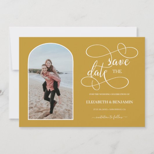 Chic Gouden Witte Gebogen Frame Foto Save the Date (Voorkant)