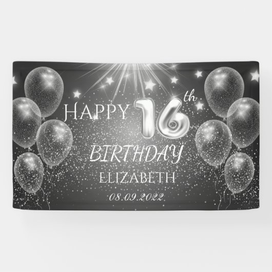 Chic Gray Balloons Stars 16e verjaardag Spandoek (Horizontaal)