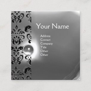 CHIC GRAY BLACK WHITE DAMASK GEMSTONE MONOGRAM VIERKANTE VISITEKAARTJE