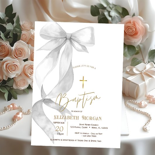 Chic Gray Bow Gold Cross Baptism Kaart