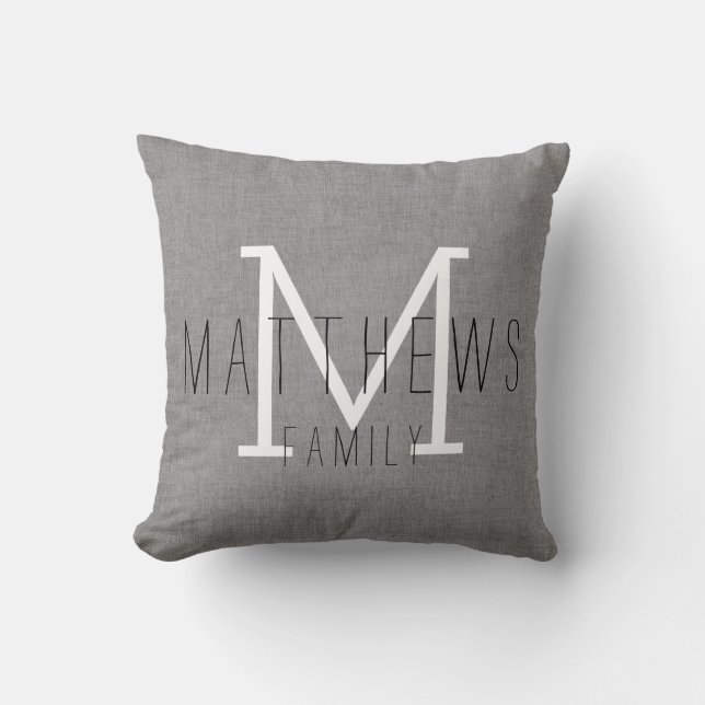 Chic Gray Linen Custom Name Monogram Kussen (Voorkant)