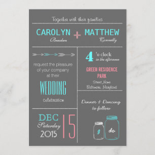 Chic Gray   Roze   Blue MasonJar Wedding Invite Kaart