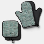 Chic Gray Seafoam Blue Green Boucle Woven Pattern Ovenwant & Pannenlap Set (Voorkant / Achterkant)
