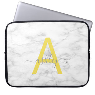 Chic Gray Yellow White Marble Script Name Monogram Laptop Sleeve