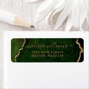 Chic Green Agate Gold Script Monogram adres Etiket