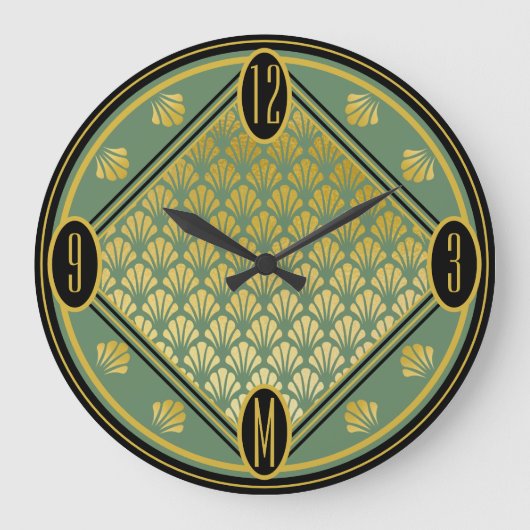 Chic Green & Black Art Deco Fan Pattern Monogram Grote Klok (Voorkant)