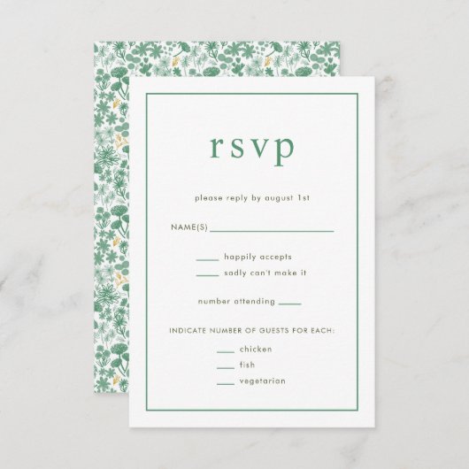 Chic Green Ditzy Floral Wedding RSVP Kaart (Voorkant / Achterkant)