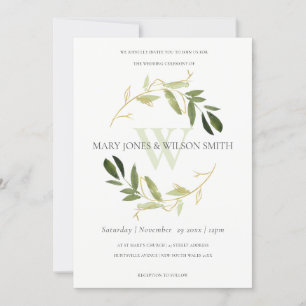 CHIC GREEN FAUX GOLD FOLIAGE WREATH WEDDING INVITE BEDANKKAART