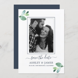 Chic Green Foliage Dark Blue Photo Save the Date Kaart