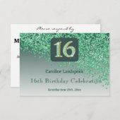 Chic Green Glitter, zestien verjaardag RSVP (Voorkant / Achterkant)