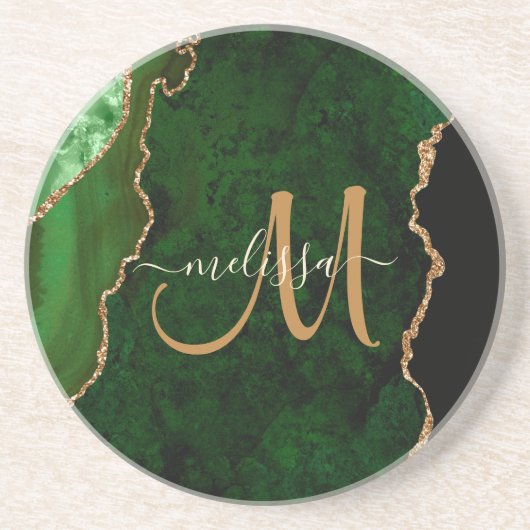 Chic Green Gold Agate Script Custom Monogram Zandsteen Onderzetter (Voorkant)