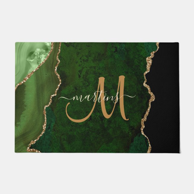 Chic Green Gold Glitter Agate Custom Monogram Deurmat (Voorkant)