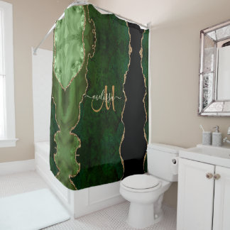 Chic Green Gold Glitter Agate Custom Monogram Douchegordijn