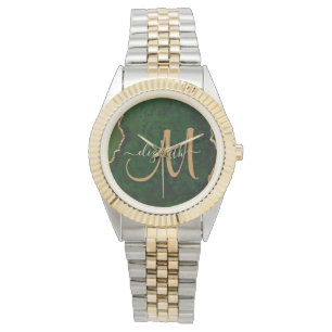 Chic Green Gold Glitter Agate Custom Monogram Horloge