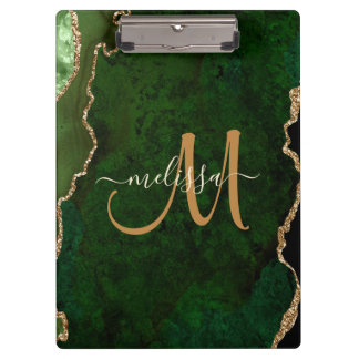 Chic Green Gold Glitter Agate Custom Monogram Klembord
