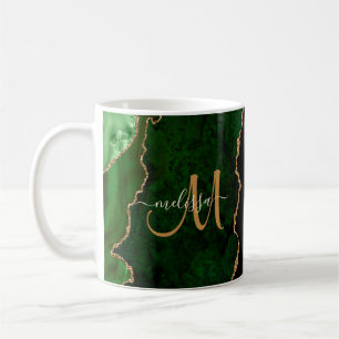 Chic Green Gold Glitter Agate Custom Monogram Koffiemok