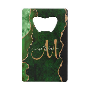 Chic Green Gold Glitter Agate Custom Monogram Kredietkaart Flessenopener