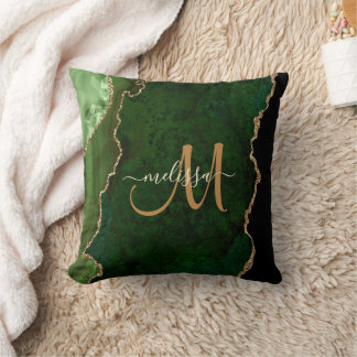 Chic Green Gold Glitter Agate Custom Monogram Kussen