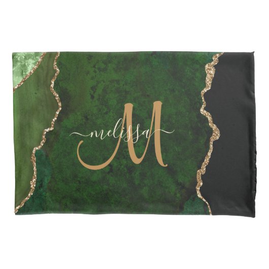 Chic Green Gold Glitter Agate Custom Monogram Kussensloop (Voorkant)