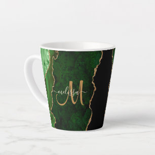 Chic Green Gold Glitter Agate Custom Monogram Latte Mok