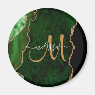 Chic Green Gold Glitter Agate Custom Monogram Magneet